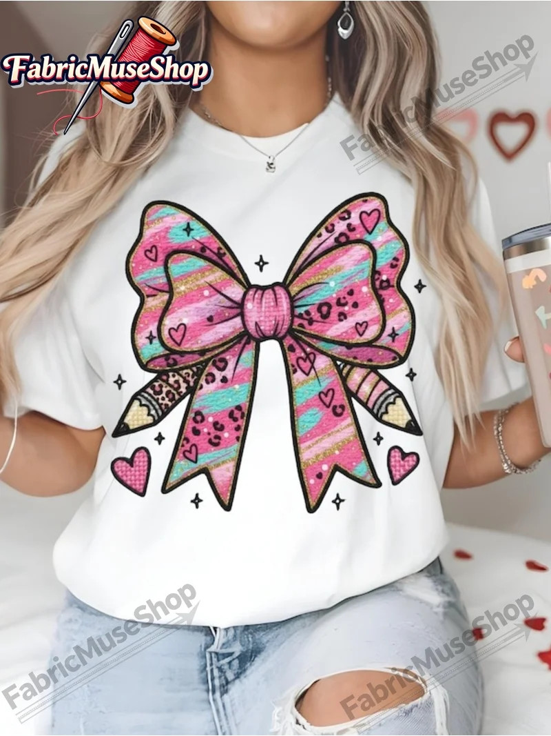 Retro Coquette Bow Pencil Graphic Tee Pink Leopard Heart Teacher Appreciation Aesthetic Women's S... | Walmart (US)