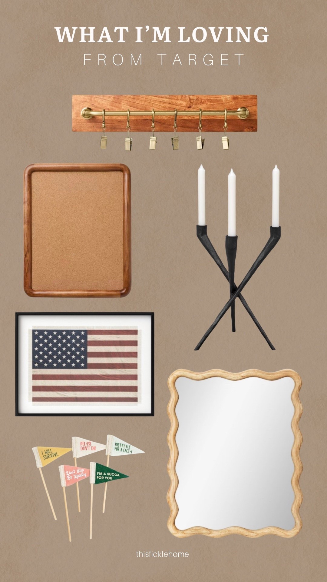 Trip to Target!

Wavy wood mirror
Bulletin board
Framed American flag
Plant flags
Candelabra
Brass and wood rail with clips

#LTKHome