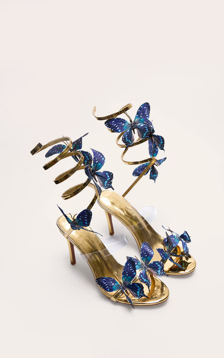 Gold PU Round Toe Blue Butterfly Spiral Strap High Heeled Sandals | PrettyLittleThing US
