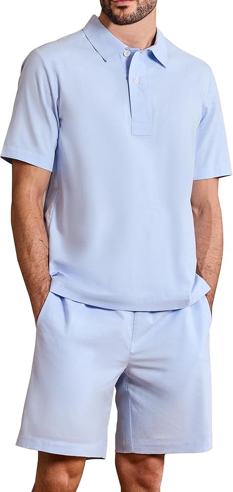 Kallspin Men's Two Piece Outfit Polo Style Shirt and Drawstring Shorts Set Casual Lightweight Sum... | Amazon (US)