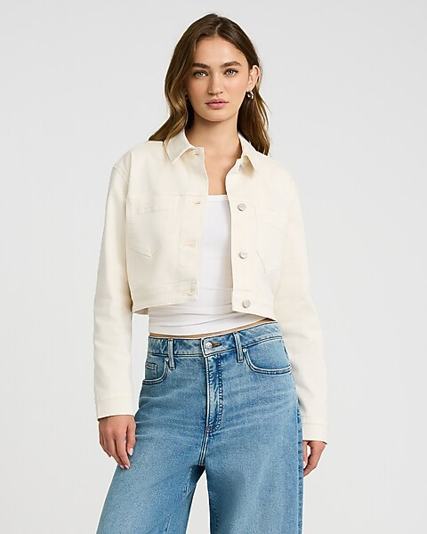Cream Cropped Denim Jacket | Express