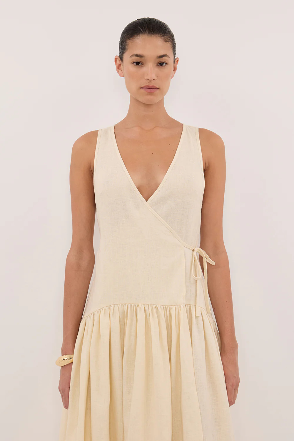 ILIO STRAW SLEEVELESS LINEN WRAP MIDI DRESS | DISSH