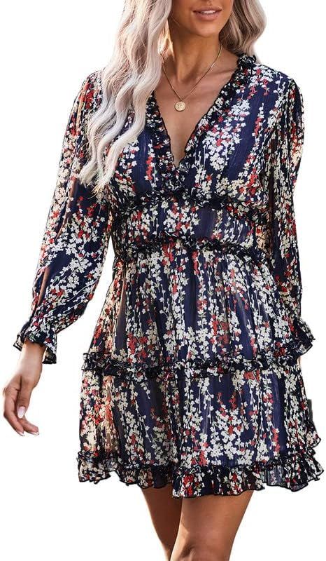 Dokotoo Womens 2023 Spring Summer Deep V Neck Ruffle Long Sleeve Floral Print Mini Dress | Amazon (US)