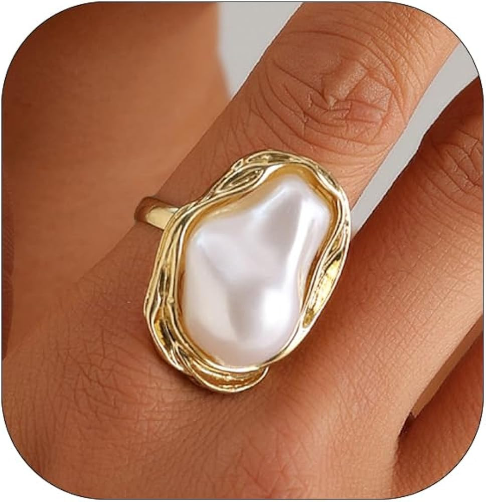 Baroque Pearl Ring for Women - Adjustable Irregularity Statement Ring - Vintage White Big Faux Pe... | Amazon (US)