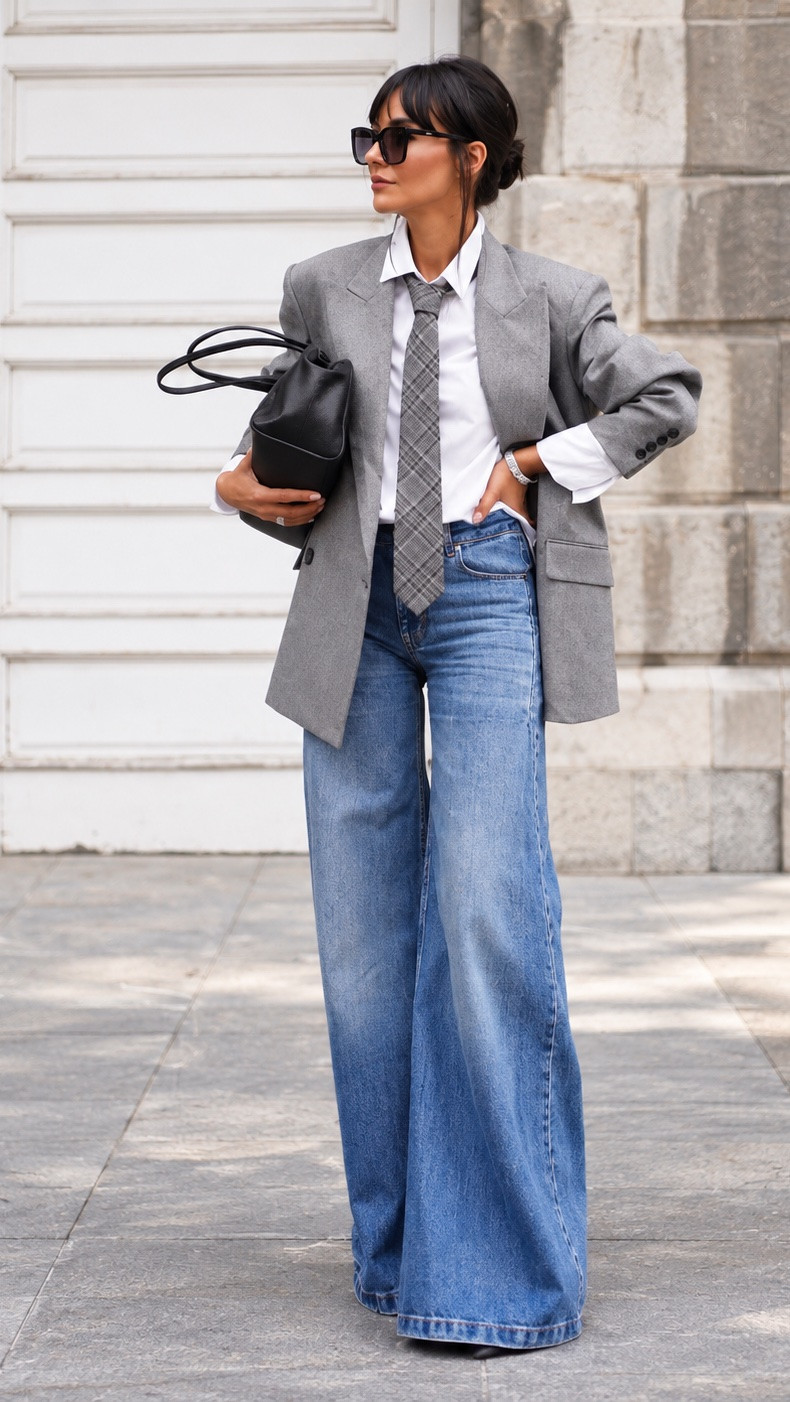 Classic tailoring meets effortless denim. 🤍 This look is all about contrast — an oversized gray blazer, crisp white shirt and tie paired with relaxed wide-leg jeans for that polished-but-undone feel. Add sleek black accessories, pointed heels and oversized sunglasses, and suddenly a menswear-inspired outfit feels feminine, modern and incredibly chic.

It’s proof that timeless style doesn’t have to feel predictable — sometimes the best outfits are the ones that mix structure with ease.

#LTKStyle #LTKFashion #LTKWorkwear #LTKOver40 #LTKFinds