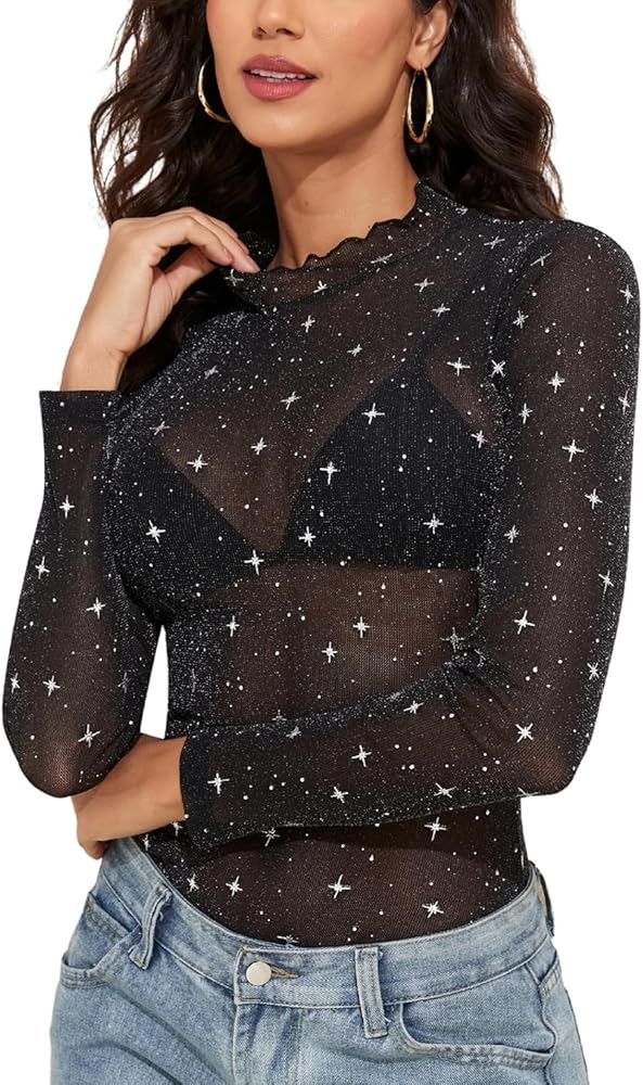YYA Mesh Top for Women Long Sleeve Mock Neck Mesh Shirt Sparkly Silver Sheer Tee Shirts See-Throu... | Amazon (US)