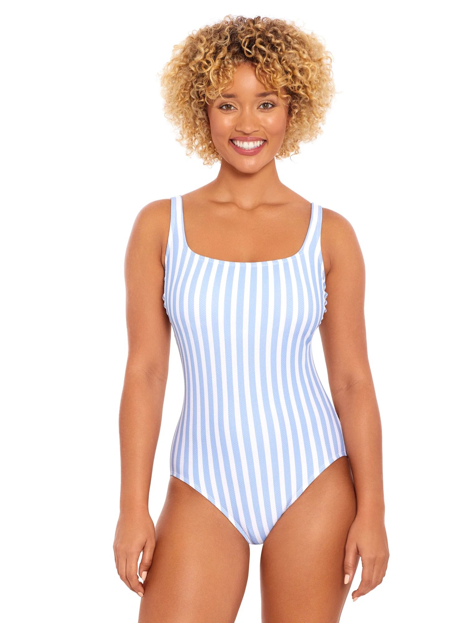 Time and Tru Women's and Plus Size Pique Stripe Square Neck One Piece Swimsuit, Sizes XS-3X | Walmart (US)
