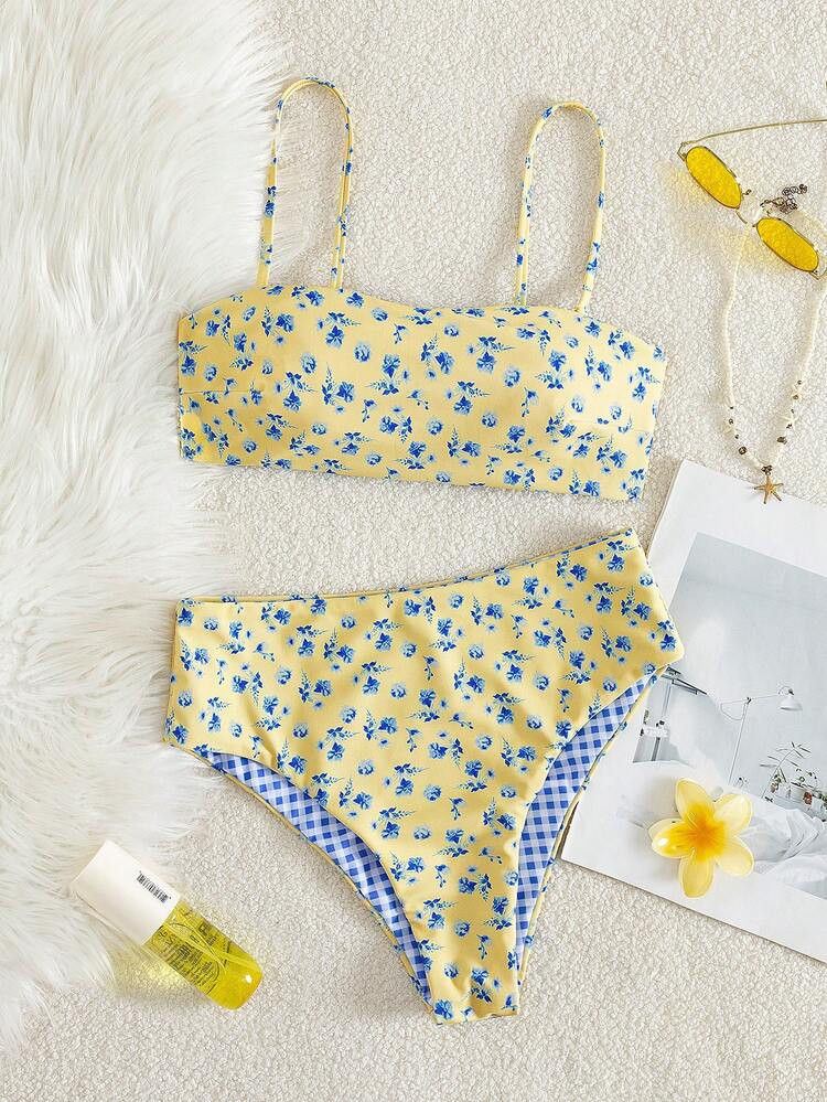 Reversible Floral Print Asymmetric Asymmetrical Shoulder Swimwear Set, Elegant, Cute, Sexy, Suita... | SHEIN