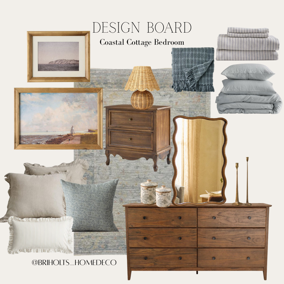 Design Board Inspo for a Coastal Cottage Bedroom!! Imagine a beach house on the East Coast - cozy, warm, inviting. Hues of muted and dark blues, vintage seascape artwork, dark warm wood furniture, rattan accents, and linen + ruffley bed styling of dreams!  🩵🌊🫶🏼🤎🐚

 

#LTKHome