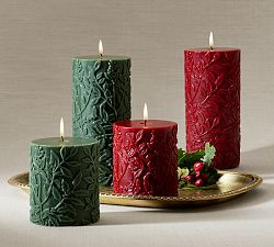 Holly Berry Etched Pillar Candle | Pottery Barn (US)