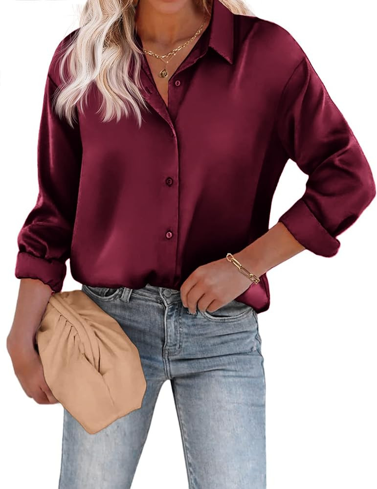 Chigant Women's Blouse Satin Silk Shirts Button Down Shirts Casual Loose Long Sleeve Office Work ... | Amazon (US)