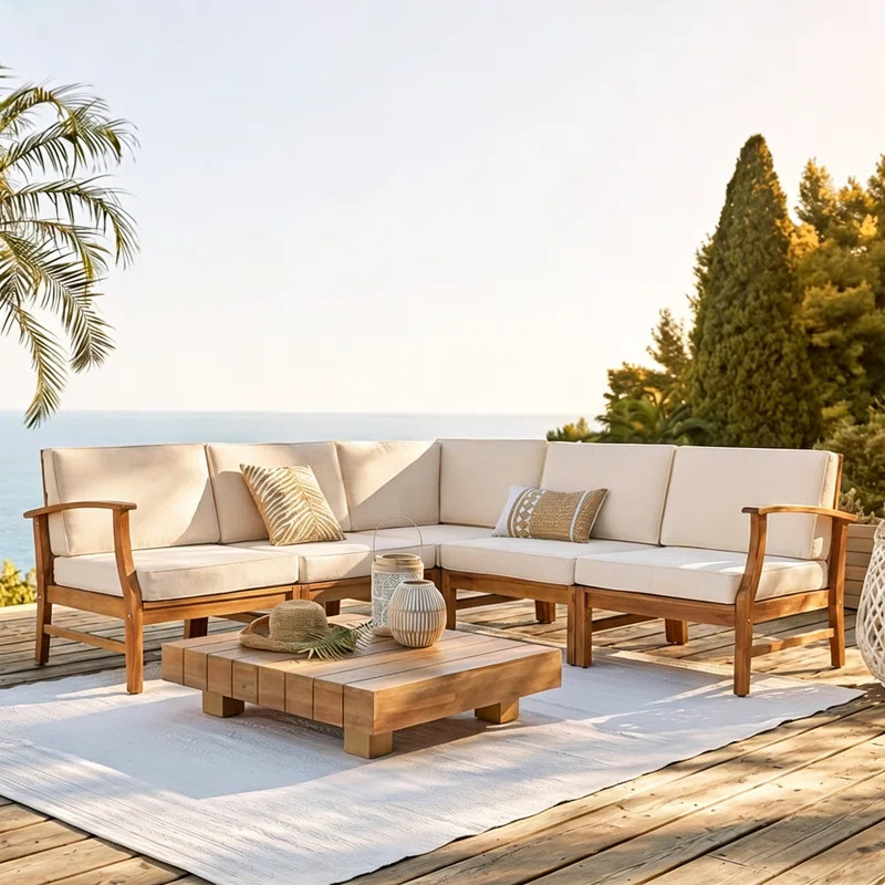 Bevelyn 77.75'' Wide L-Shaped Acacia Patio Sectional with Cushions | Wayfair North America