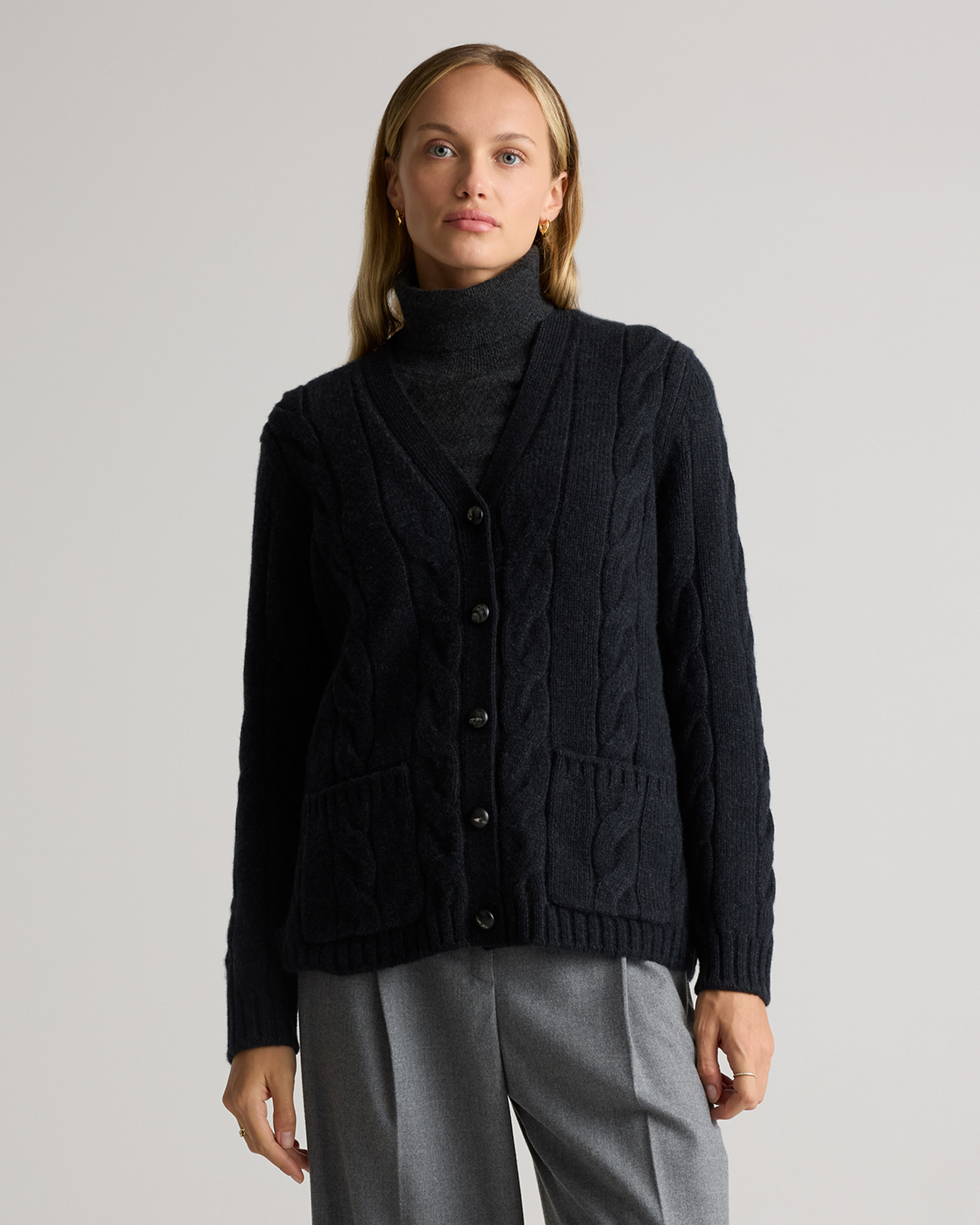 Quince | Women's Luxe Baby Cashmere Cable Cardigan Sweater in Heather Caviar, Size Small | Quince