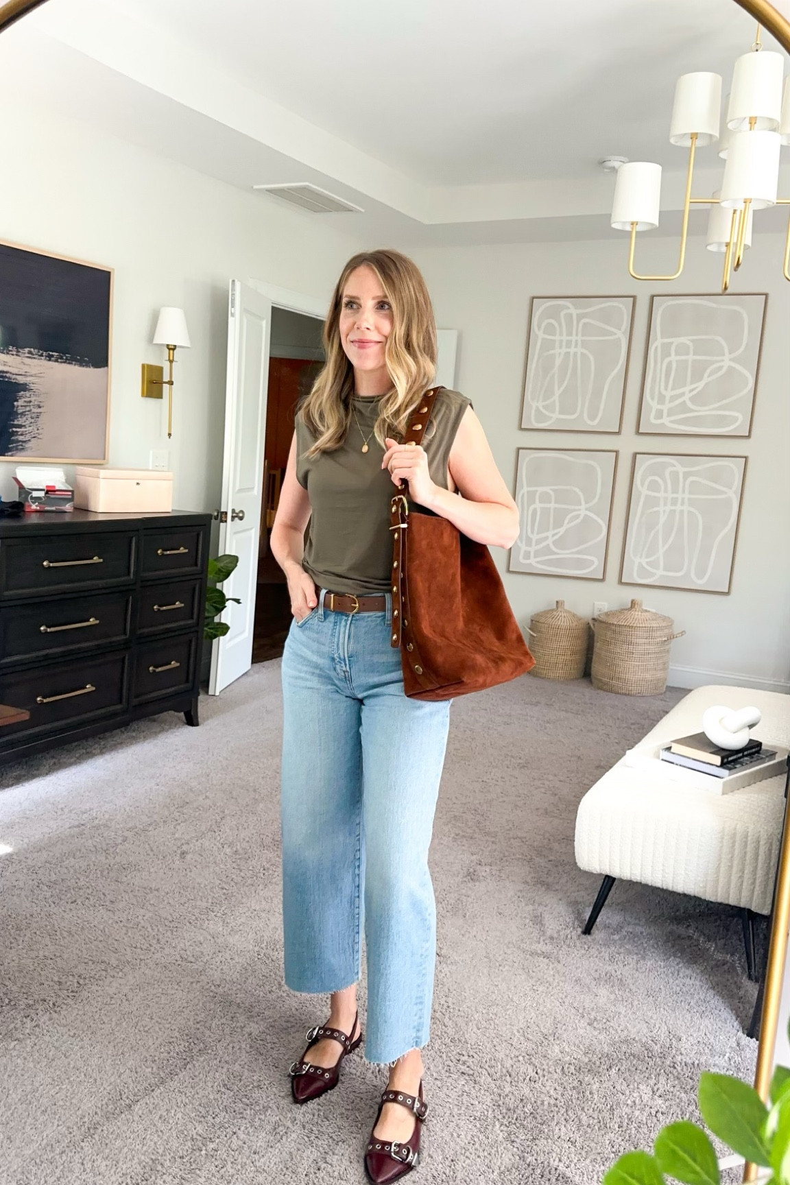 Early fall outfit I’m excited to wear. Wearing a M in the top (fits TTS - I should’ve done a S). Jeans have stretch -  can size down 1!

#LTKItBag #LTKSeasonal #LTKShoeCrush