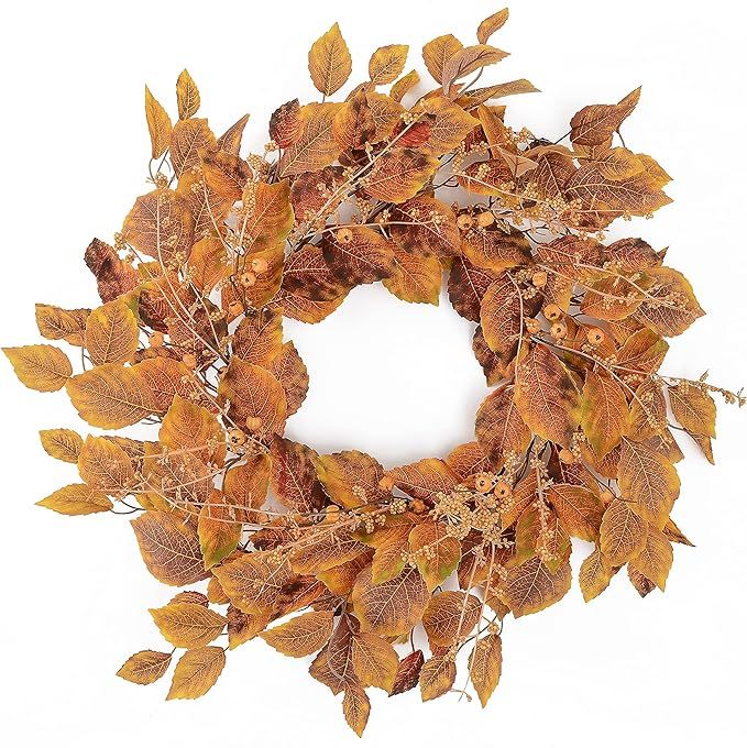 Artificial Fall Wreath Autumn Wreath with Birch Leaves,Pip Berry,Small Pumpkin for Front Door Far... | Amazon (US)