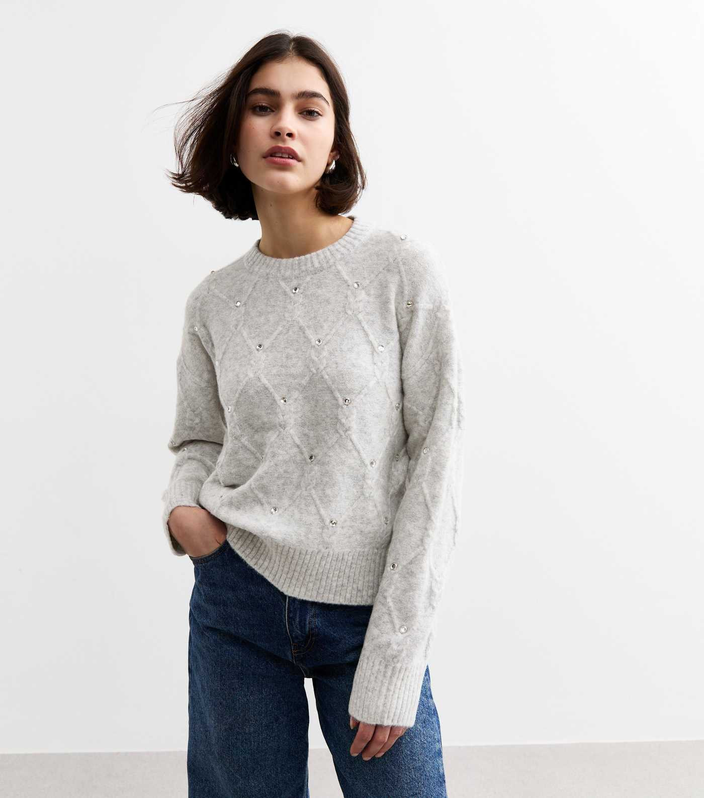 Grey Diamanté Embellished Diamond Knit Jumper | New Look | New Look (UK)