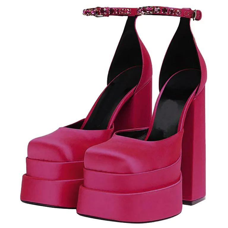 ZXHACSJ Women Platform Chunky High Block Heels Strap Buckles Wedge Fashion Shoes Hot Pink 35 | Walmart (US)