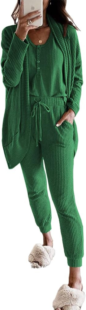 Fessceruna Womens Waffle Knit 3 Piece Lounge Sets Pajama Tank Top Long Sleeve Cardigan and Pants ... | Amazon (US)