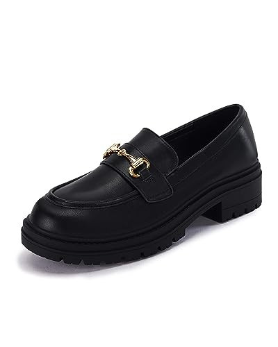 Coutgo Womens Chunky Platform Loafers Low Heel Flats Lug Sole Slip On Penny Loafers Office Work Dress Shoes with Chain Black | Amazon (US)