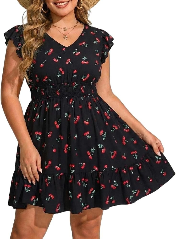 Talisea Womens Plus Size V Neck Ruffle Sleeve Flowy Summer Dress | Amazon (US)