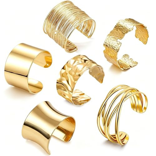 Gevidoxl 6Pcs Chunky Gold Cuff Bracelets for Women Open Wide Bangle Cuff Wrap Bracelet Jewelry Minimalist Irregular Upper Arm Wide Bracelets Set | Amazon (US)