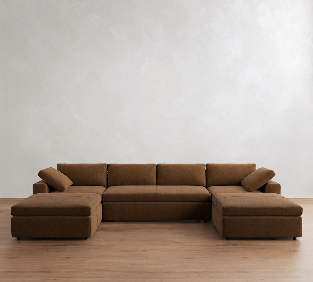 Dream Square Arm Leather 5-Piece U-Shaped Modular Sectional with Bench Cushion and Ottoman, Memory Foam Seat Cushions and Down Blend Wrapped Back Cushions, Performance Roughout Suede Caramel | Pottery Barn (US)