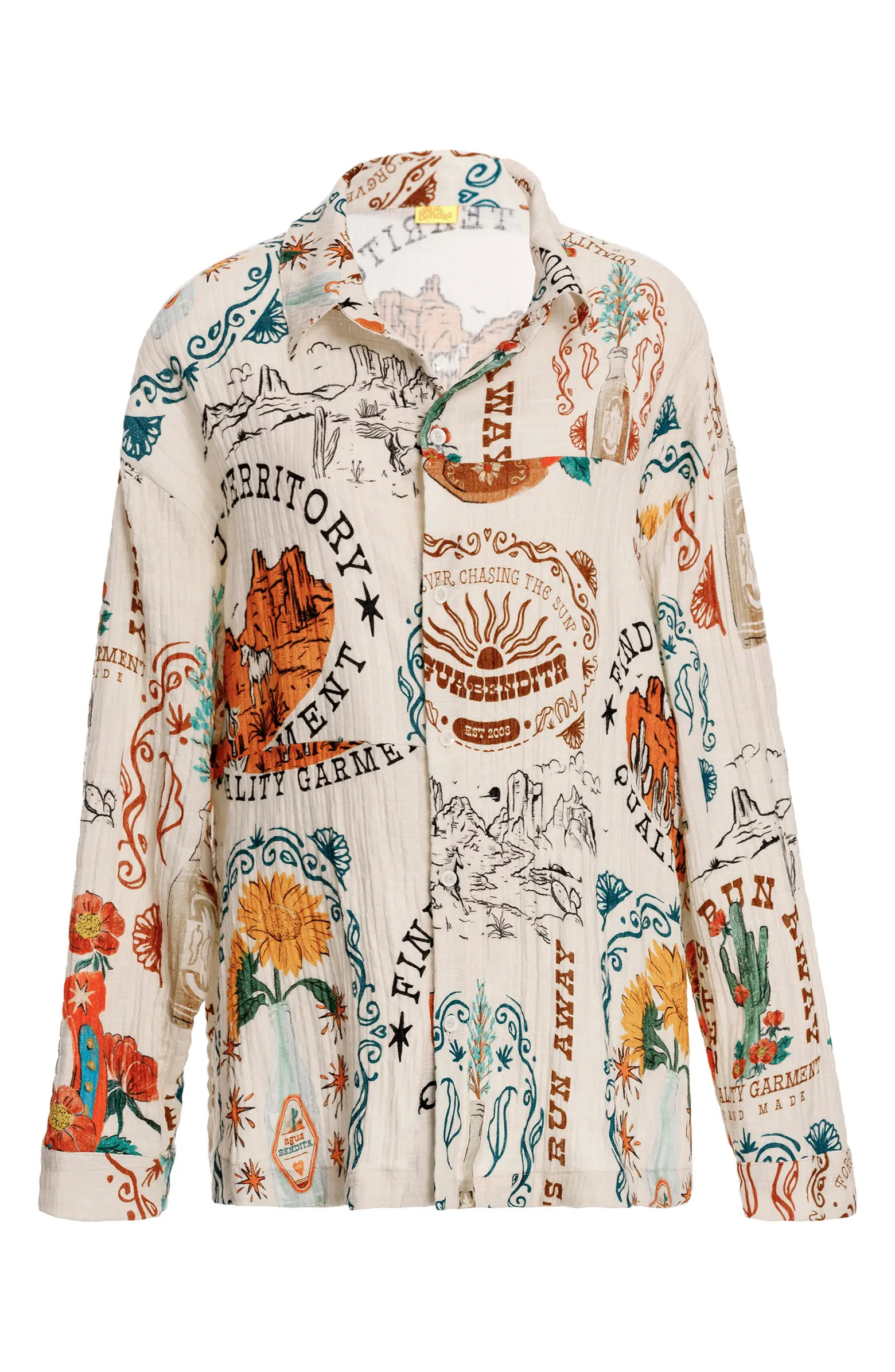 Agua Bendita Keshi Nopal Crinkled Stretch Cotton Button-Up Shirt | Nordstrom | Nordstrom