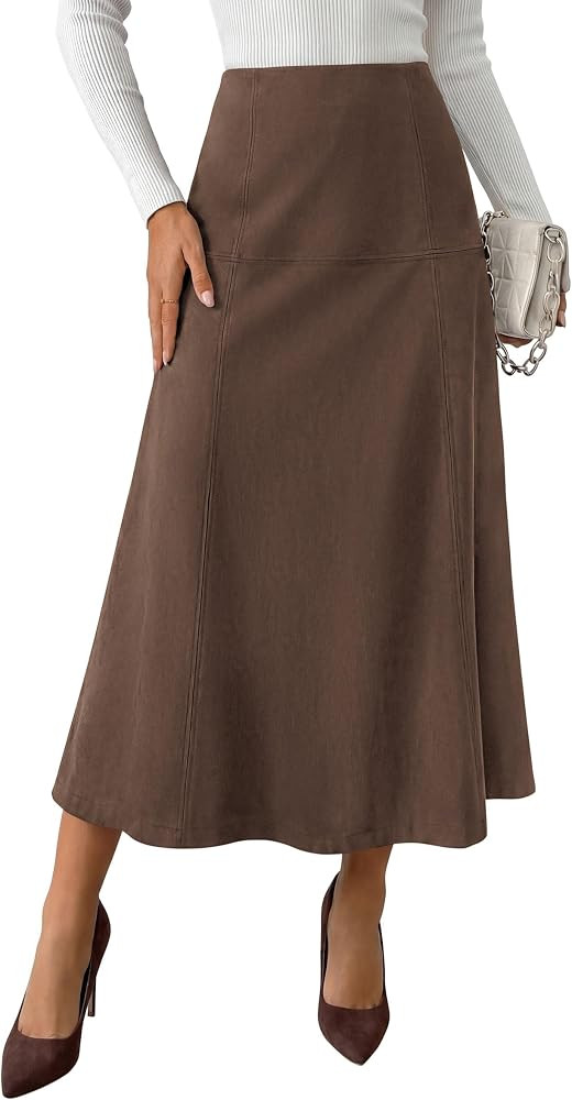 Hidden Stretch Elastic Waist, Front Back Panel Stitching, Vintage Elegant Mid-Calf Long Skirts fo... | Amazon (US)