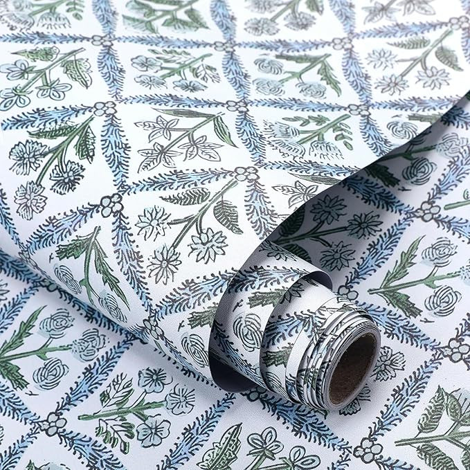 Block Print Wallpaper Peel and Stick Contact Paper 15.8 x 118.1 in Vintage Floral Wallpaper Self ... | Amazon (US)