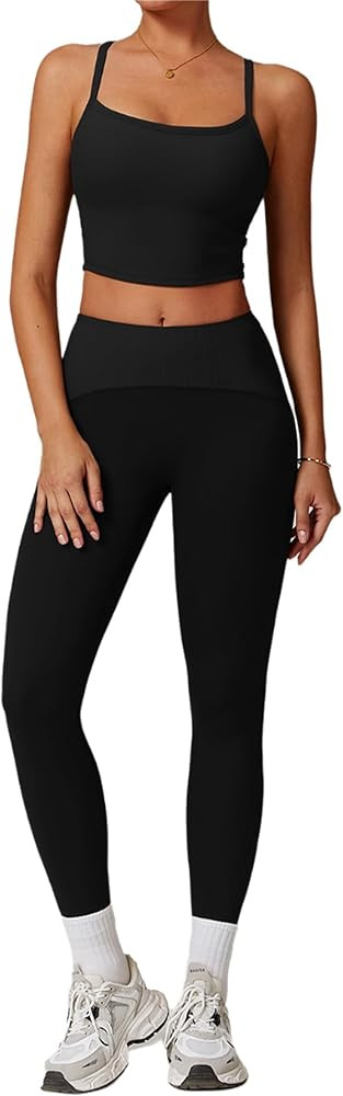 Womens Workout Sets 2 Piece Cross Back Tank Top Matching High Waist Leggings Sets Gym Outfits Wor... | Amazon (US)