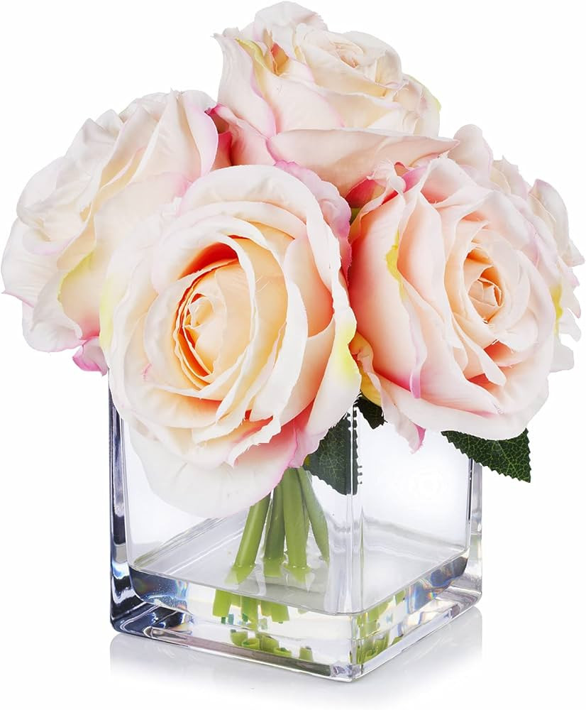 Enova Floral 7 Large Stems Artificial Silk Roses Fake Flowers Arrangement in Cube Glass Vase with... | Amazon (US)