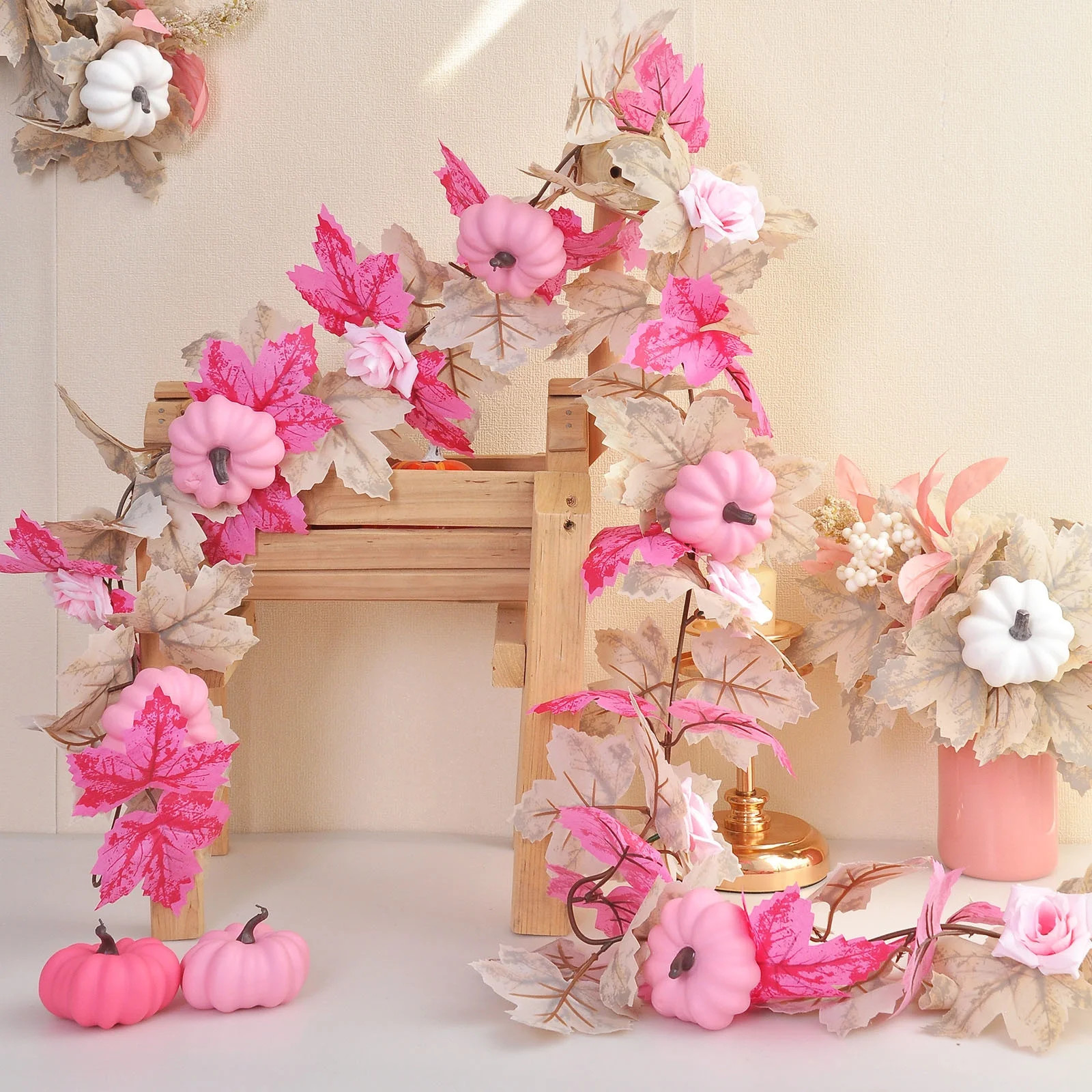 Iumwxz 66-Inch Fall Garland with White Pumpkins and Maple Leaves for Thanksgiving Halloween Decor... | Walmart (US)