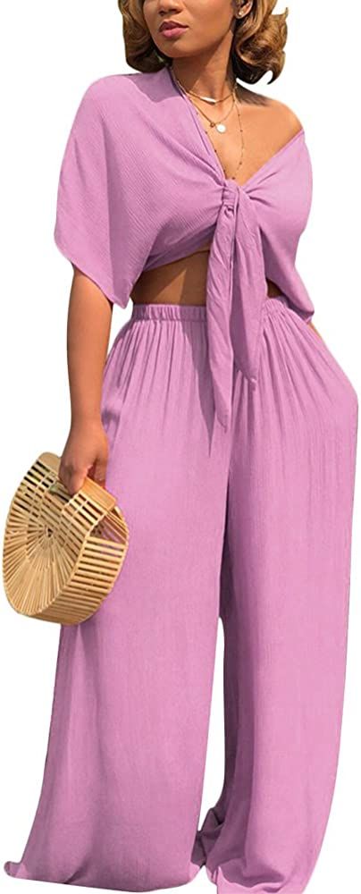 Aro Lora Women's 2 Piece Jumpsuit Ruched Sleeveless Crop Top Ruffle Wide Leg Pant Set Romper Outfit | Amazon (US)