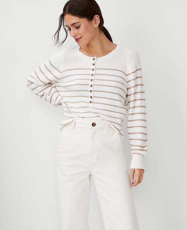 Striped Mesh Stitch Henley Sweater | Ann Taylor (US)