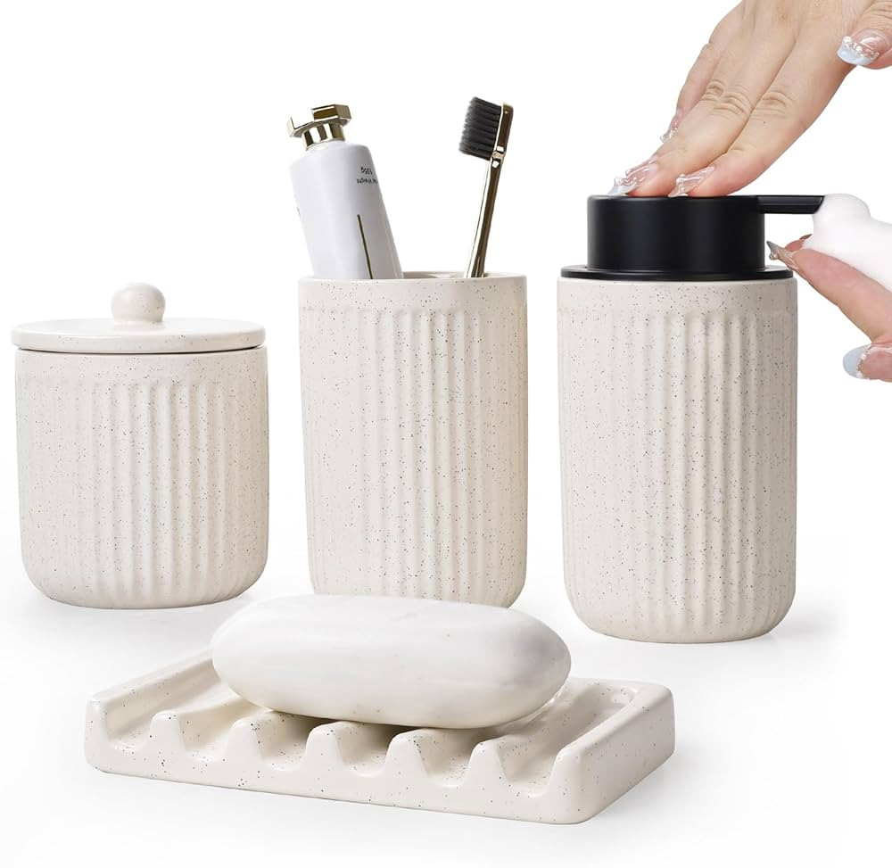 BosilunLife Beige Bathroom Accessories Set - Ceramic Bathroom Counter Soap Set Bathroom Decor Set... | Amazon (US)