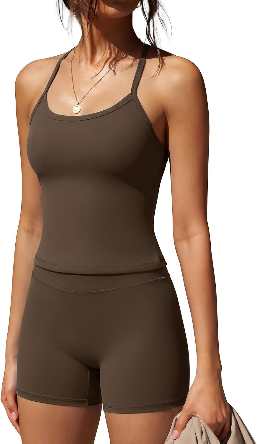 SUUKSESS Women 2 Piece Workout Sets High Waisted Tummy Control Biker Shorts Halter Padded Tank Tops | Amazon (US)