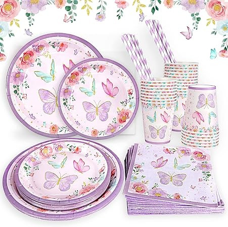 Butterfly Birthday Party Supplies Girls Baby Shower Plates Set for 25 Guests,Plates Napkins Cups ... | Amazon (US)