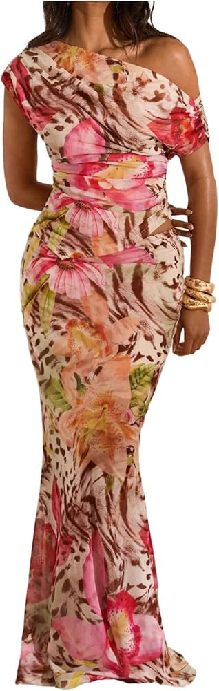 Floerns Women's 2 Piece Vacation Outfit Floral Off The Shoulder Tops and Bodycon Maxi Skirt Set | Amazon (US)