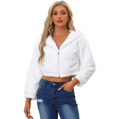 INSPIRE CHIC Women's Casual Hooded Zip Up Long Sleeve Cropped Faux Fur Jacket White Medium | Target