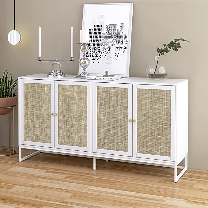 QEIUZON Modern Sideboard Cabinet, Accent Storage Cabinet with Rattan Doors and Adjustable Shelves... | Amazon (US)