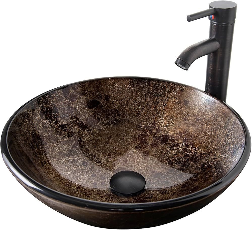 Bathroom Vessel Sink, 16.5" Artistic Glass Bathroom Bowl Basin with Faucet, Mounting Ring and Pop... | Amazon (US)