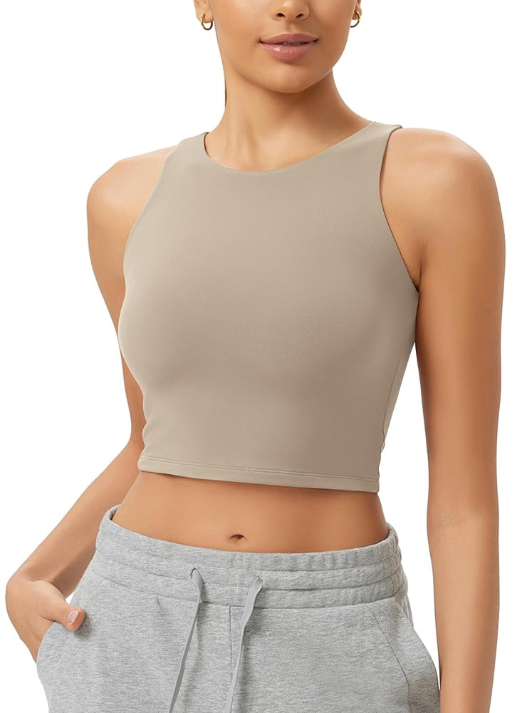 ODODOS Double Layer High Neck Crop Tank for Women Cloud Feeling Sleeveless Casual Yoga Cropped To... | Amazon (US)
