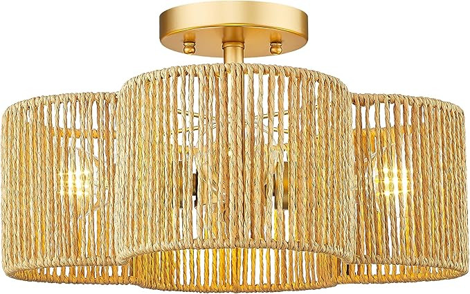 Rattan Light Fixtures Ceiling Mount, 4-Light 14" Boho Semi Flush Mount Ceiling Light with Hand-Wo... | Amazon (US)