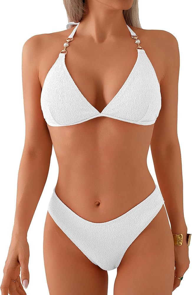 swimall Women's Triangle Bikini Set Cheeky High Cut Sexy Two Piece Swimsuit Cute Halter Bathing S... | Amazon (US)