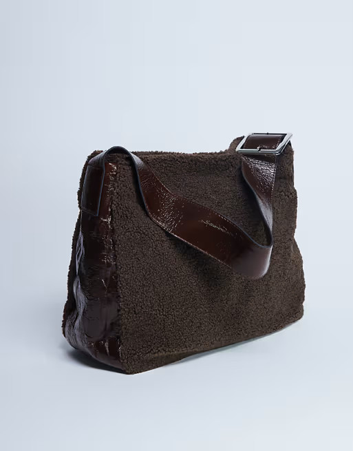 Topshop Tish shearling tote bag with contrast strap in chocolate | ASOS (Global)