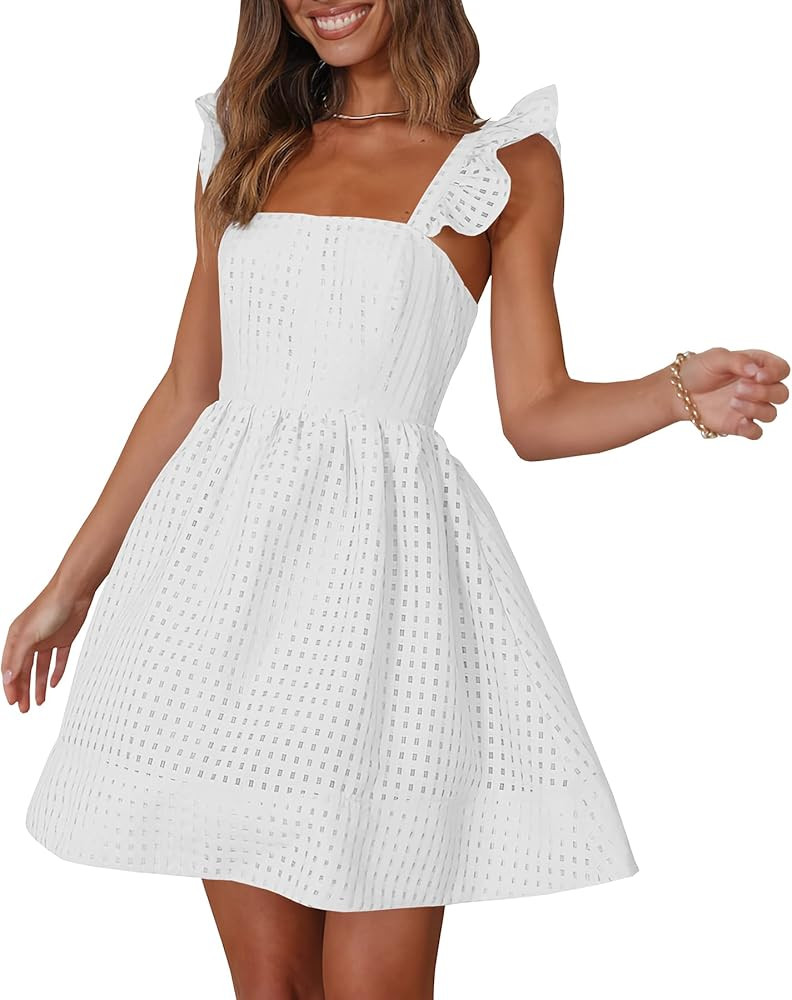 Ferlema Womens Open Back Summer Short Dress Casual Plaid Strap Sleeveless Square Neck Ruffle A Li... | Amazon (US)