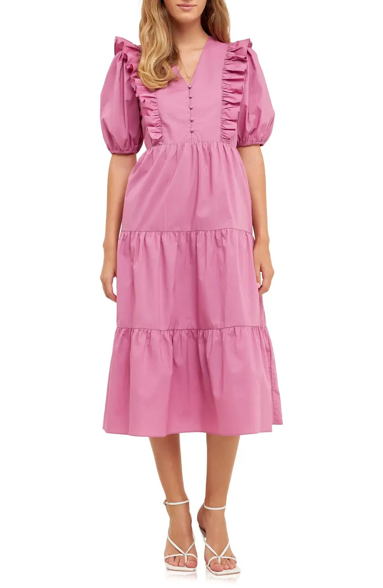 Ruffle Puff Sleeve Cotton Midi Dress | Nordstrom