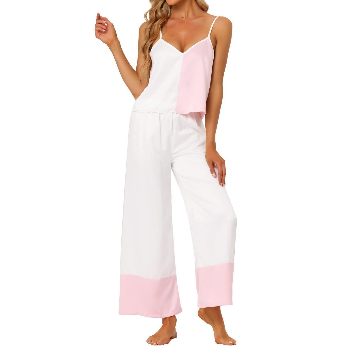 cheibear Womens Satin Lounge Color Block Cami Tops with Pants Sleepwear Pajamas Sets | Target