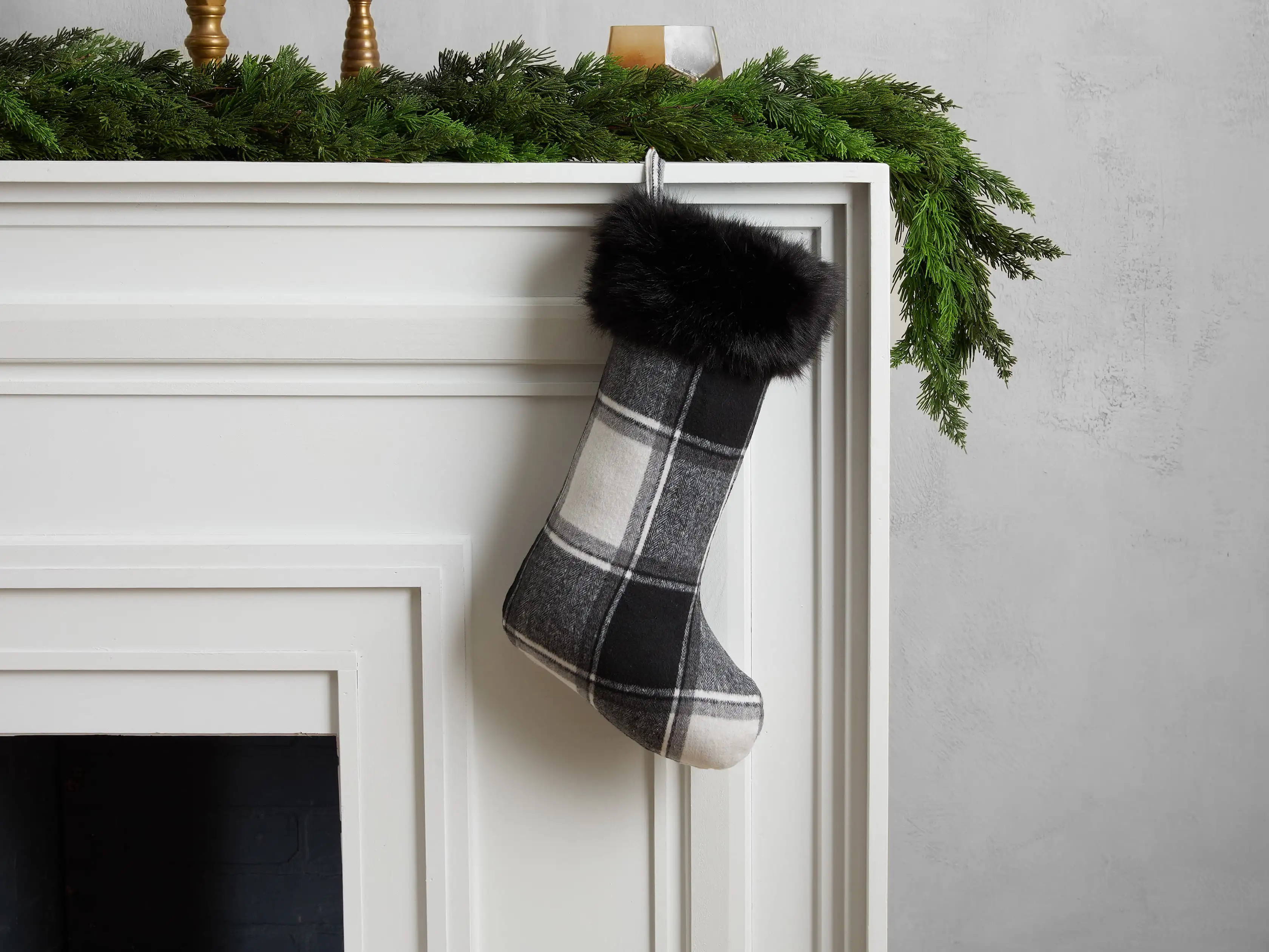 Tartan Faux Fur Stocking in Black | Arhaus