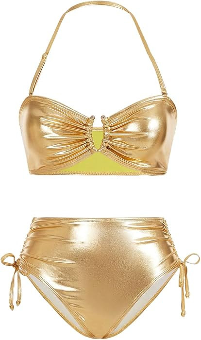 MakeMeChic Women's 2 Piece Gold Bikini Sets Metallic High Waisted Ruched Halter Tie Side Swim Bat... | Amazon (US)
